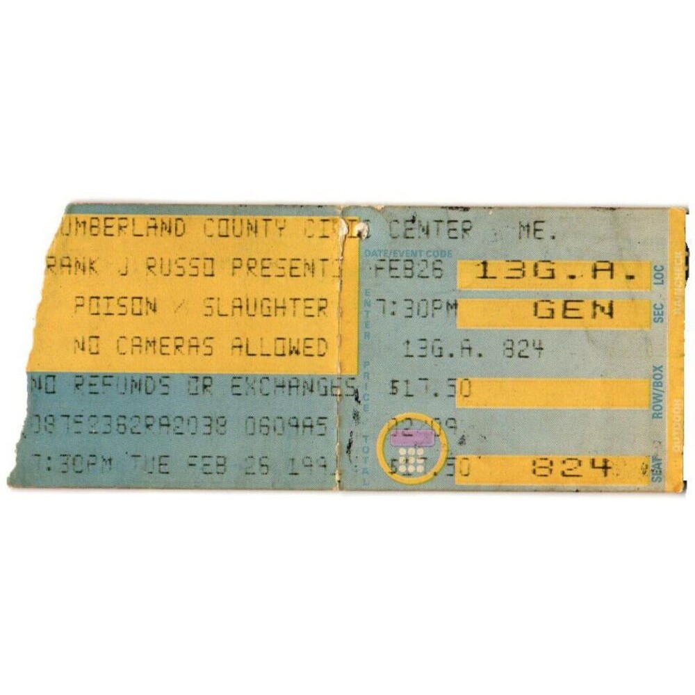 Vintage 1991 Poison Slaughter Concert Ticket Stub Portland ME